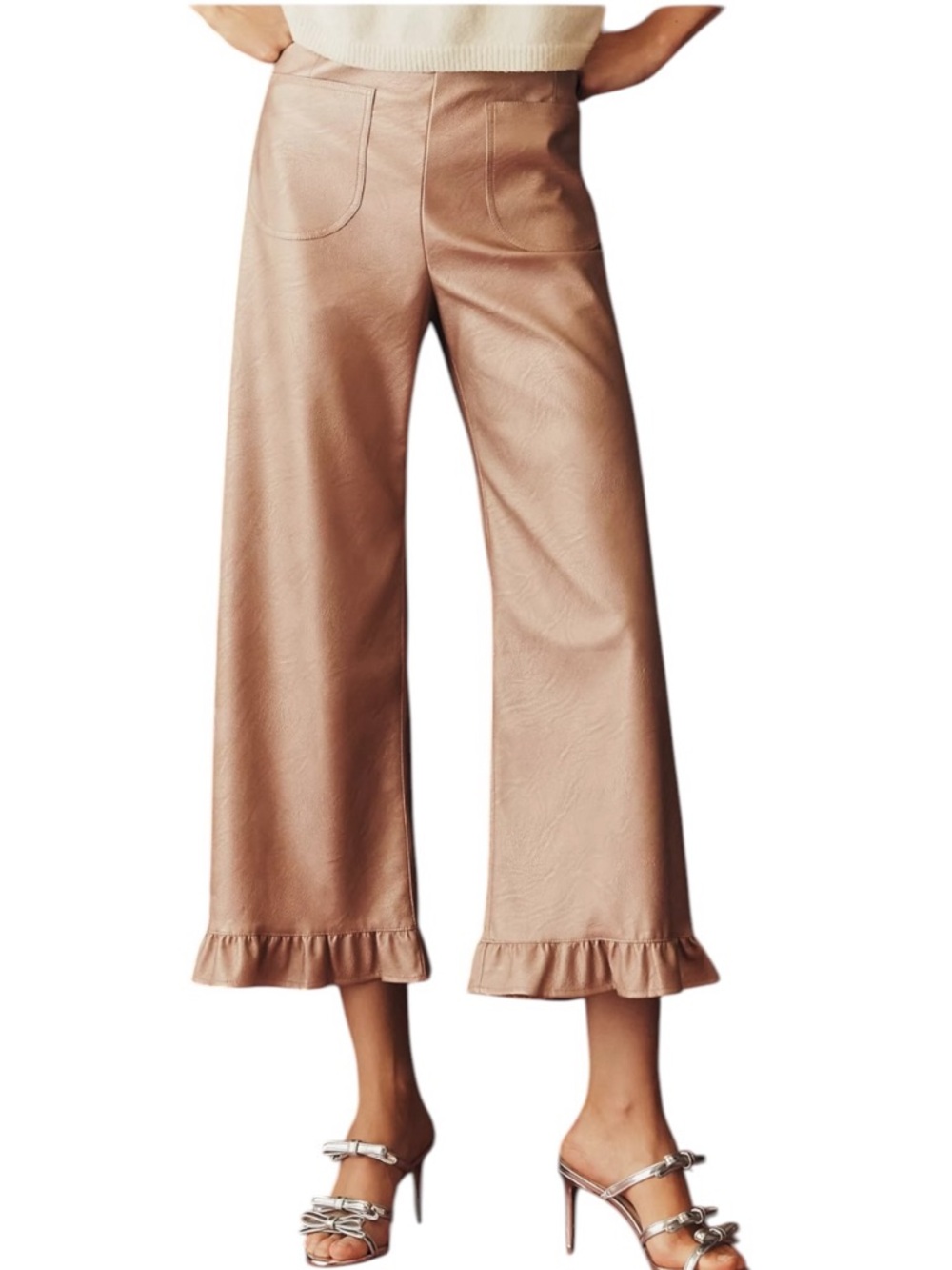 Anthropologie Maeve The Colette Crop Metallic Faux Leather Ruffle Hem Pants 32